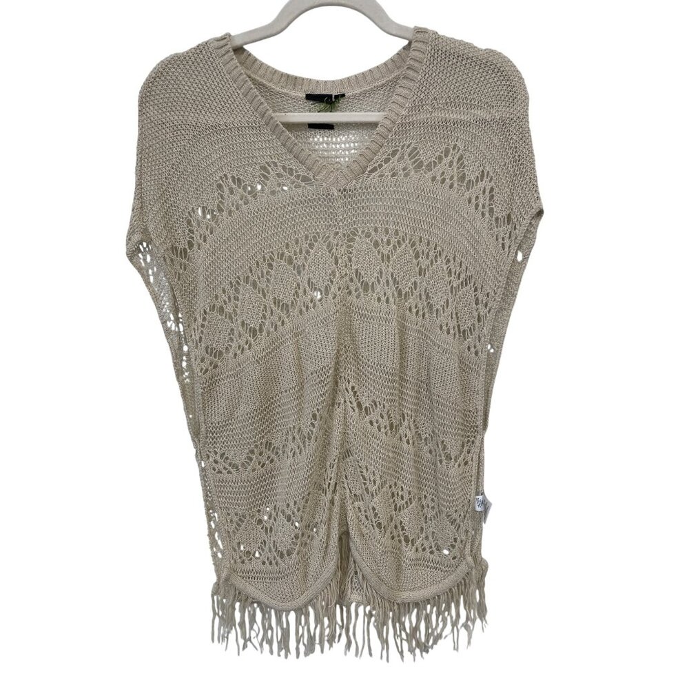 Takeout Open Weave V Neck Poncho Sweater Size Small Fringe Trim Cover Up Neutral